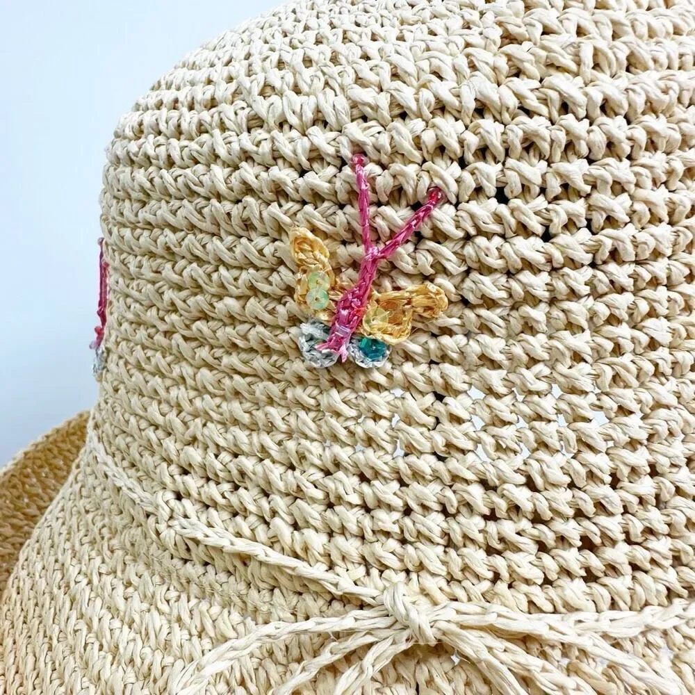 Cappelli Straworld Floral Embroidered Straw Hat Boho Festival Beachy - Picture 6 of 12